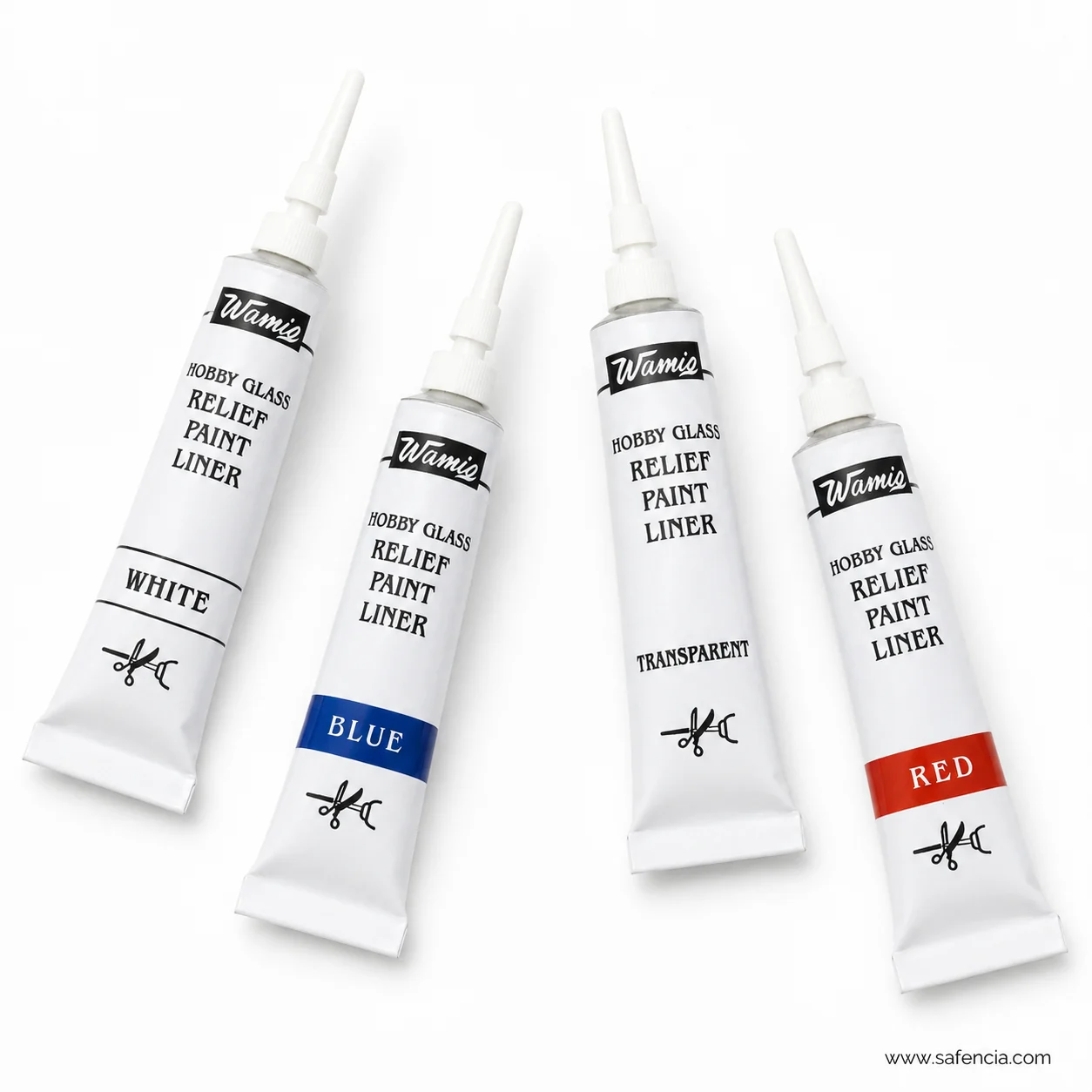 Wamiq Hobby Glass Relief Paint Liner tubes laid flat with the printed shade bands facing the camera