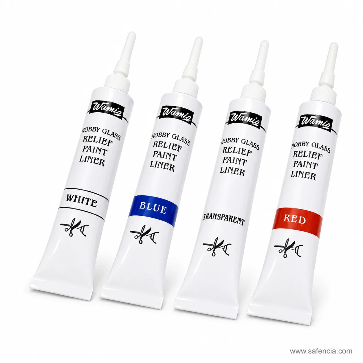 Wamiq glass relief liner tubes in white, blue, transparent and red angled against a plain background