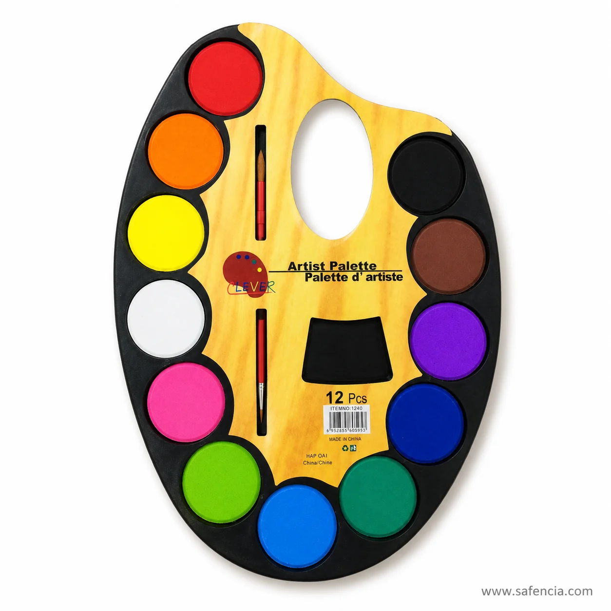The twelve colours of the Clever artist palette from red and orange through to purple brown and black