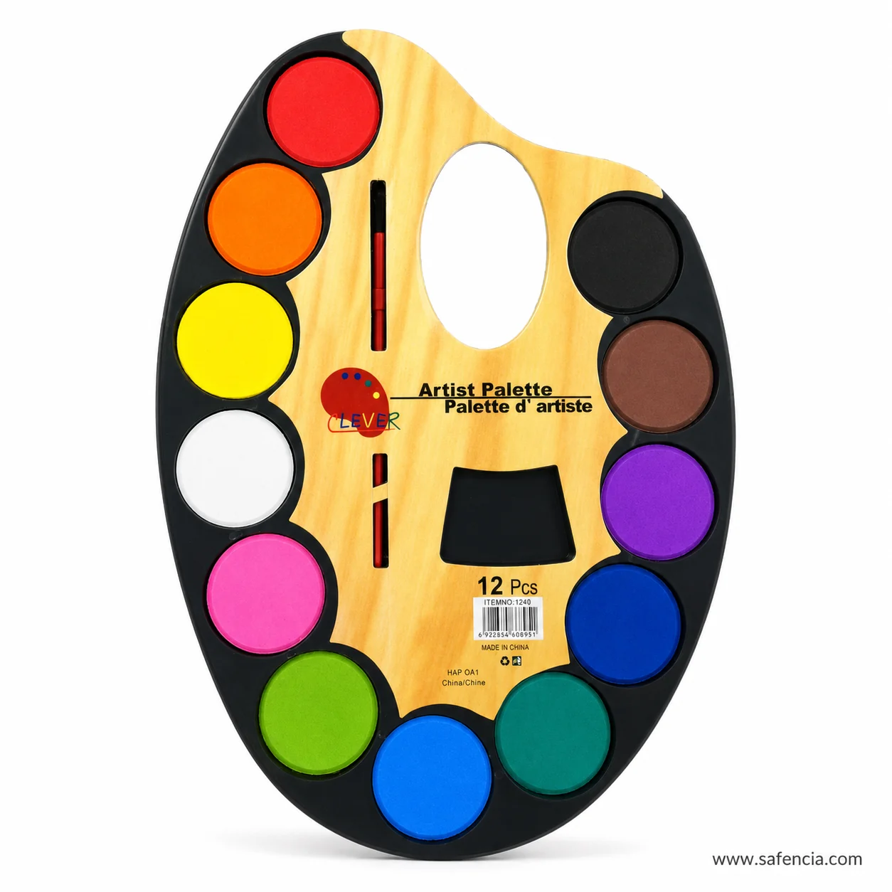 Close view of the Clever palette showing the thumb hole, the Artist Palette wording and the 12 Pcs mark