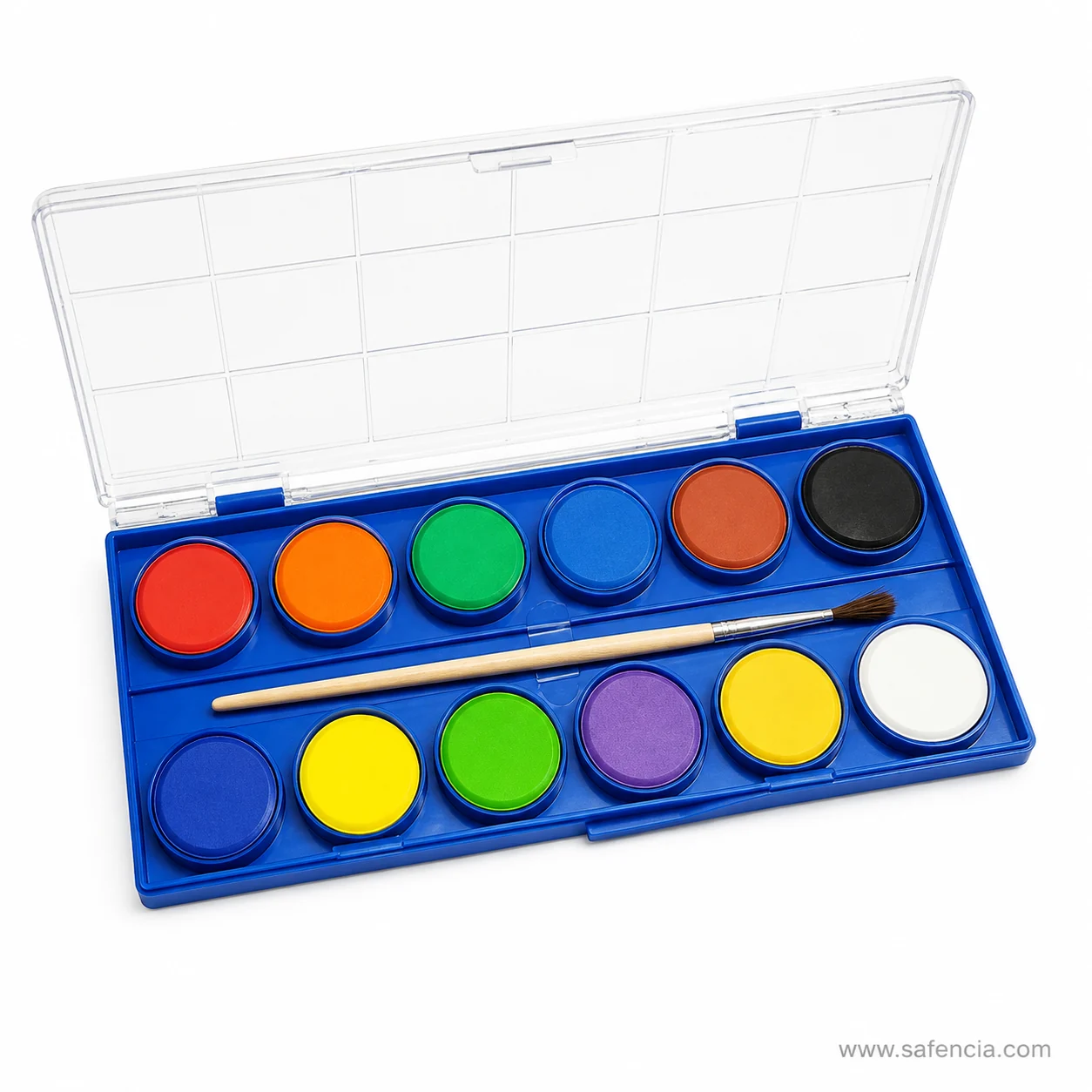 Shark paint box at an angle showing the grid of mixing wells moulded into the clear hinged lid