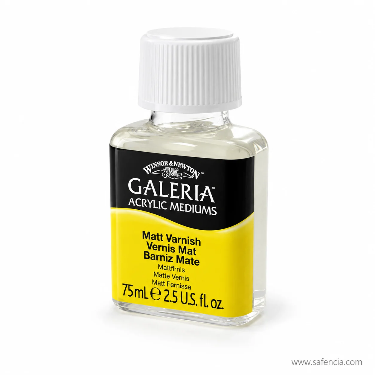 Galeria matt varnish bottle turned to show the square glass shoulder and the pale liquid inside