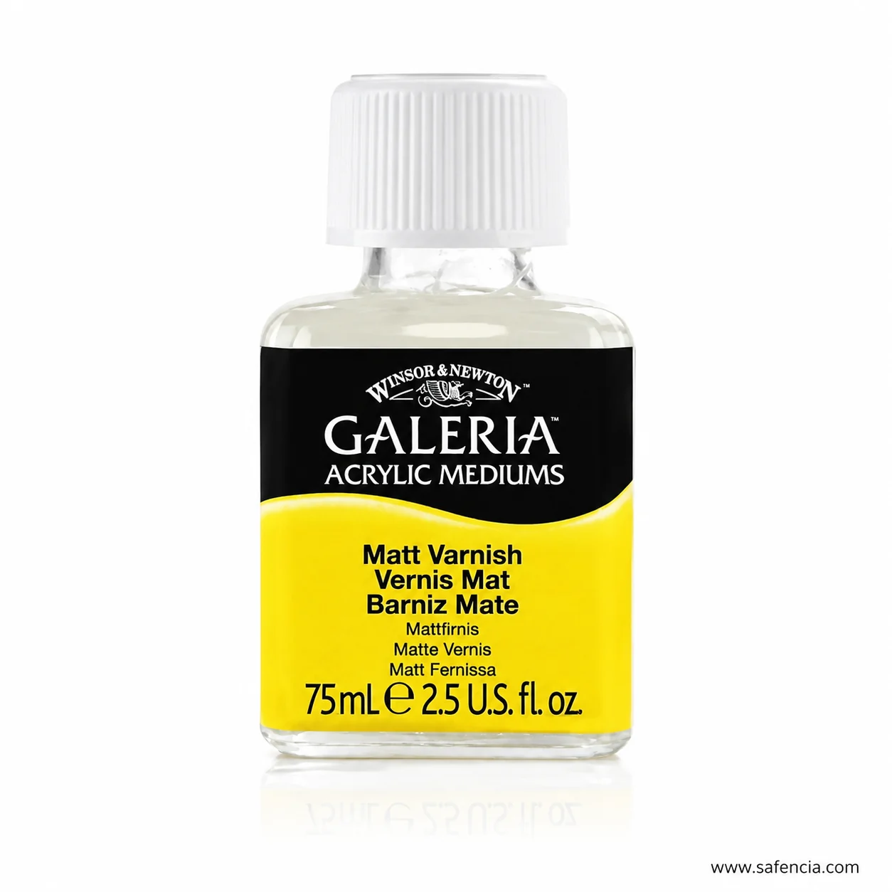 Close view of the Galeria matt varnish label showing the six language names and the 75mL volume line