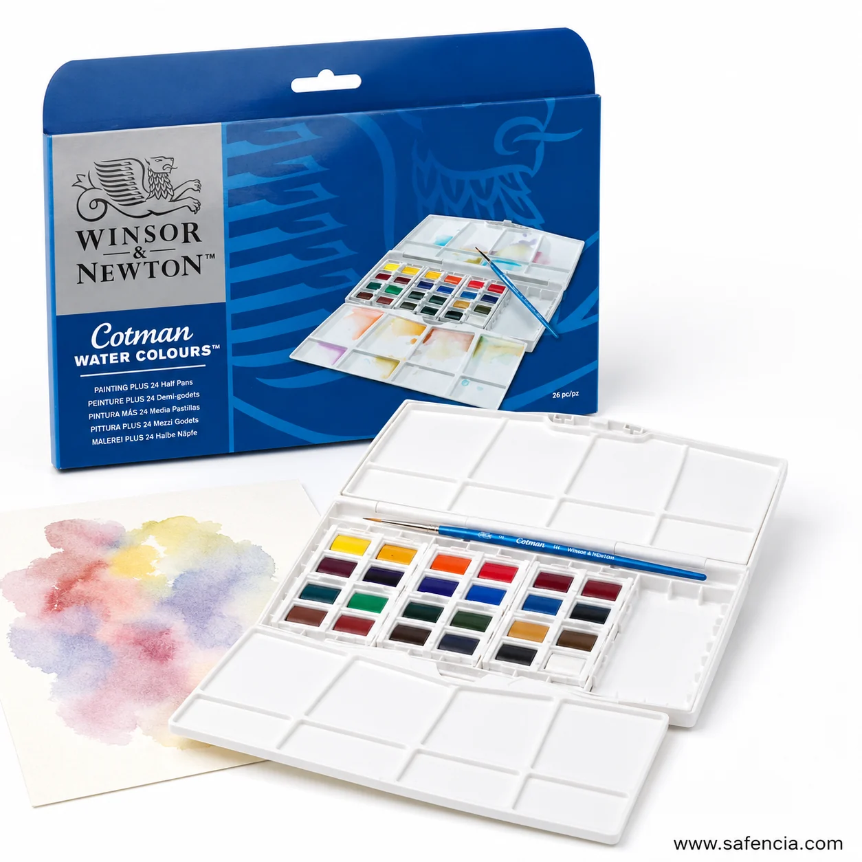 Winsor and Newton Cotman carton reading Painting Plus 24 Half Pans beside the open folding palette case