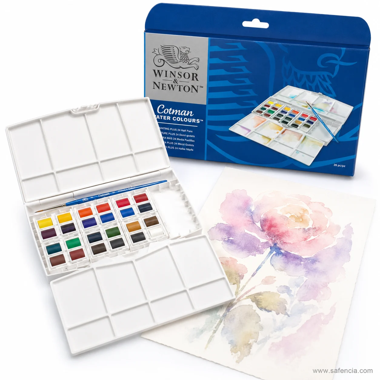 Cotman 24 half pan set open beside a finished watercolour rose painted in soft pinks and violets