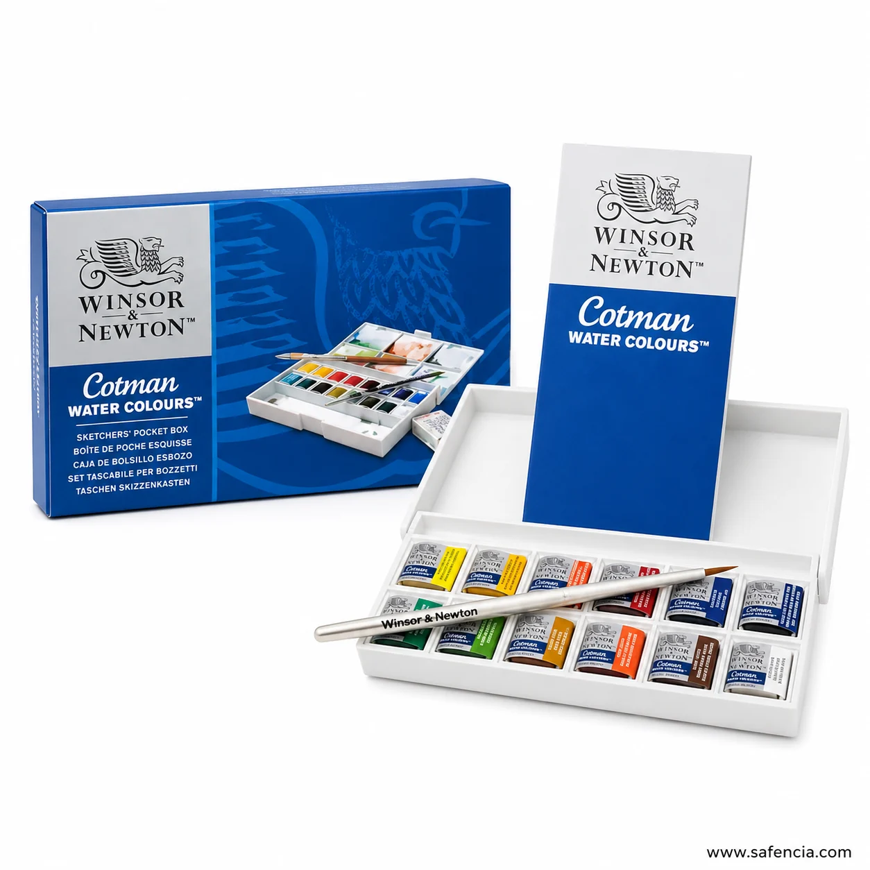 Cotman Sketchers Pocket Box carton with the griffin mark beside the open case of twelve half pans