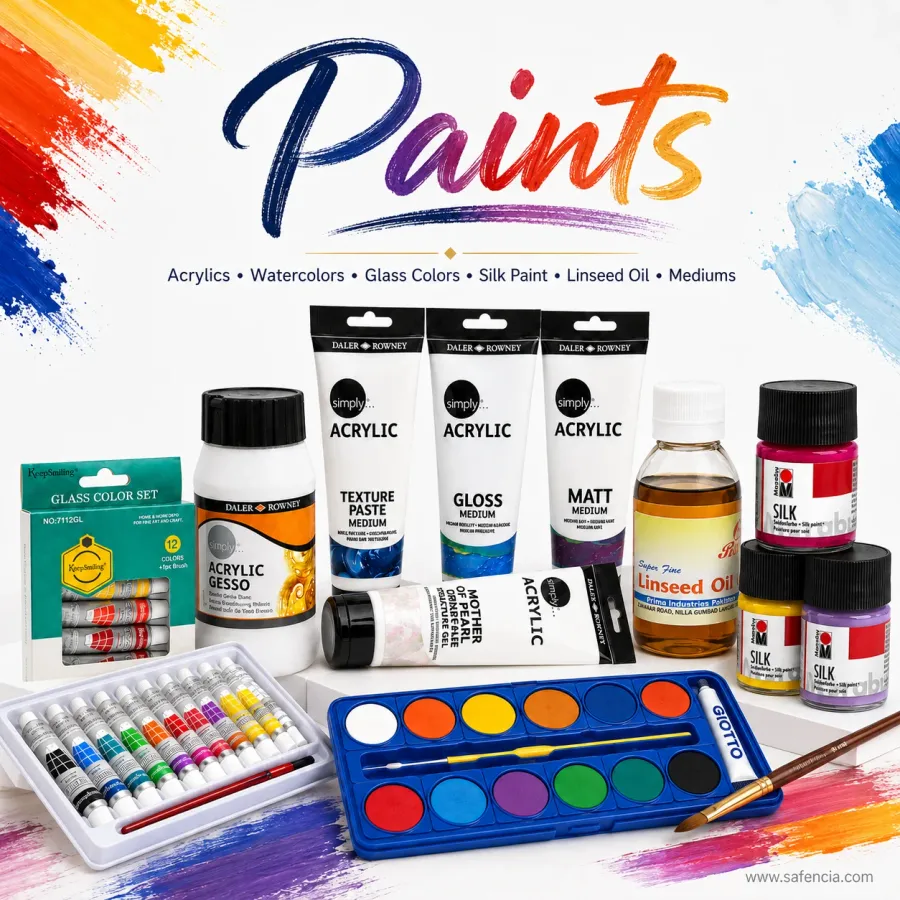 Safencia paints and mediums range in Pakistan &mdash; Mont Marte gessos, gloss mediums and crackle paste, Pentel and Sakura poster colour jars, Daler-Rowney gouache sets, Mungyo and Cretacolor pastel boxes and a bottle of masking fluid