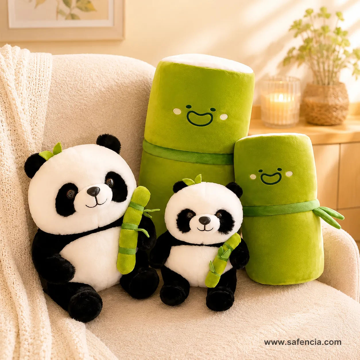 Panda Bamboo plush family scene with green bamboo pillows and small large pandas