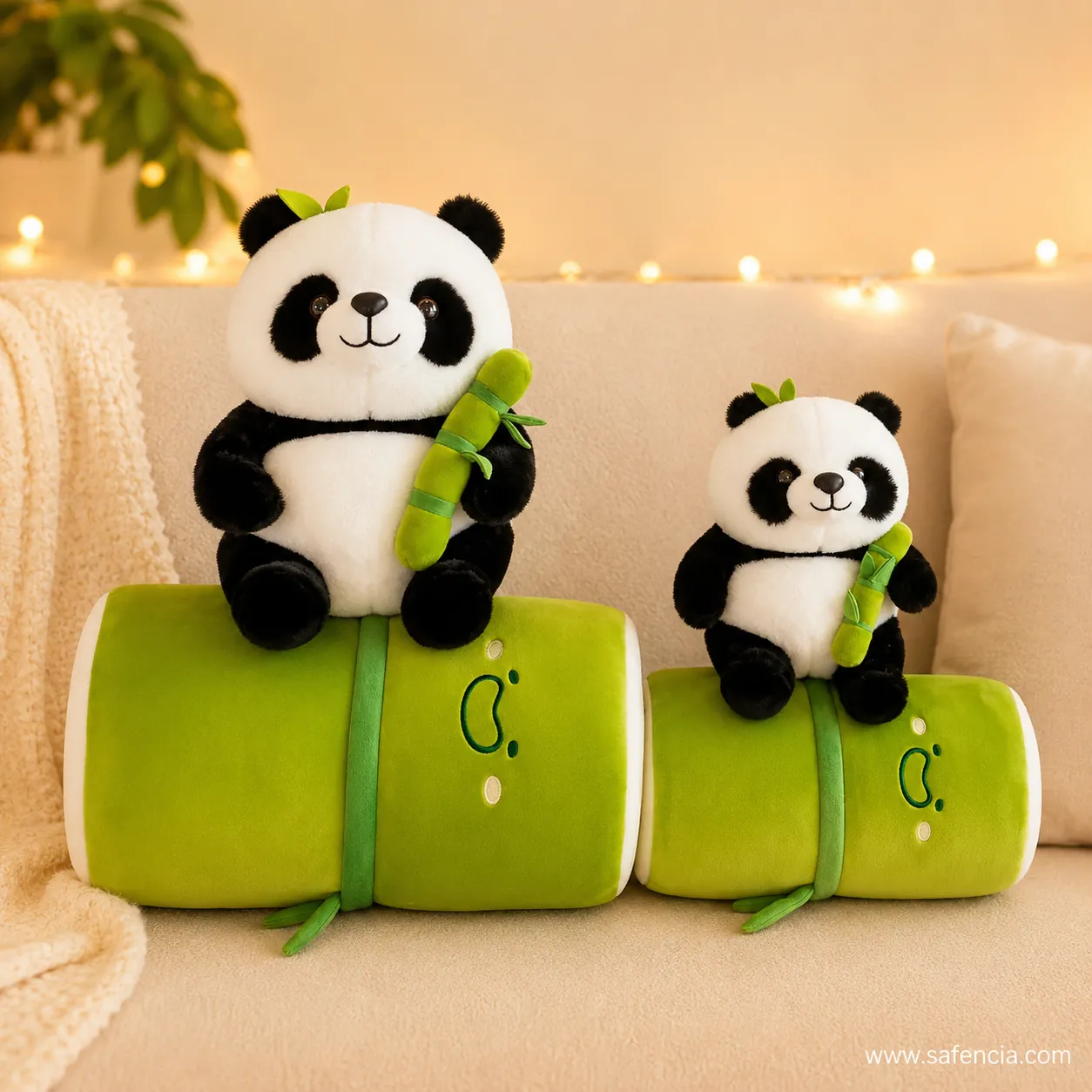 Panda Bamboo plush small and large sizes sitting on green bamboo cushions