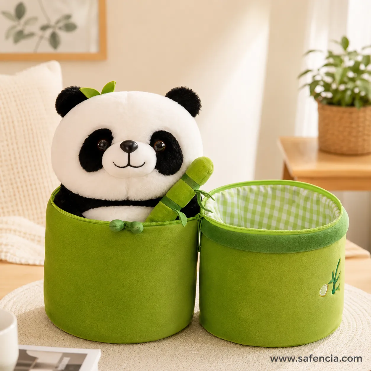 Panda Bamboo plush inside open green storage basket with checked lining
