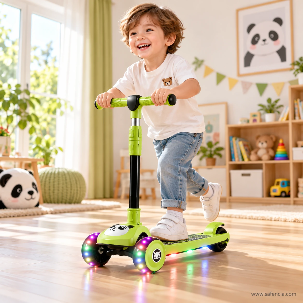 Smiling boy riding the green panda kids scooty indoors with its wheels lit up