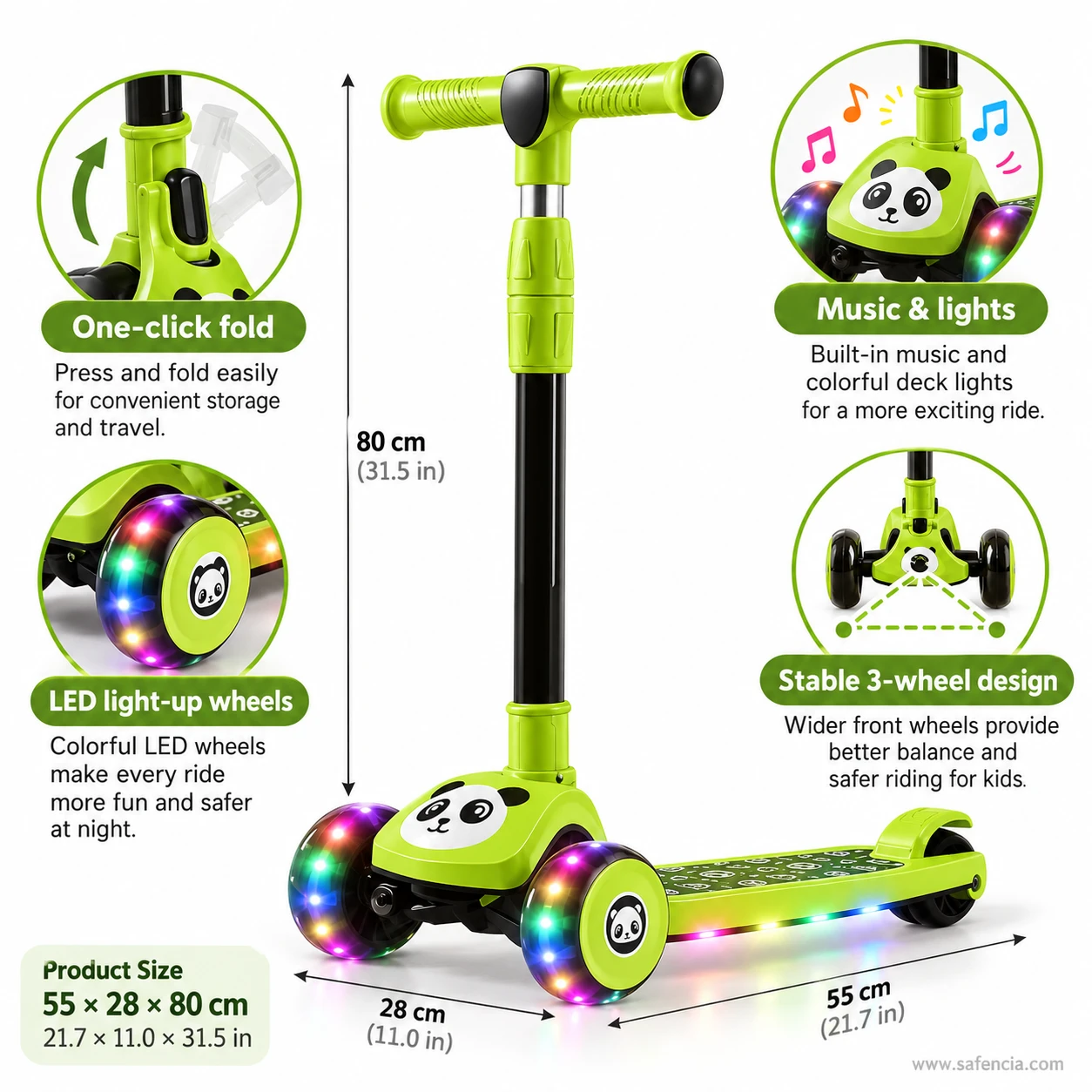 Panda kids scooty feature panel showing one-click fold, music and lights, light-up wheels and three wheels
