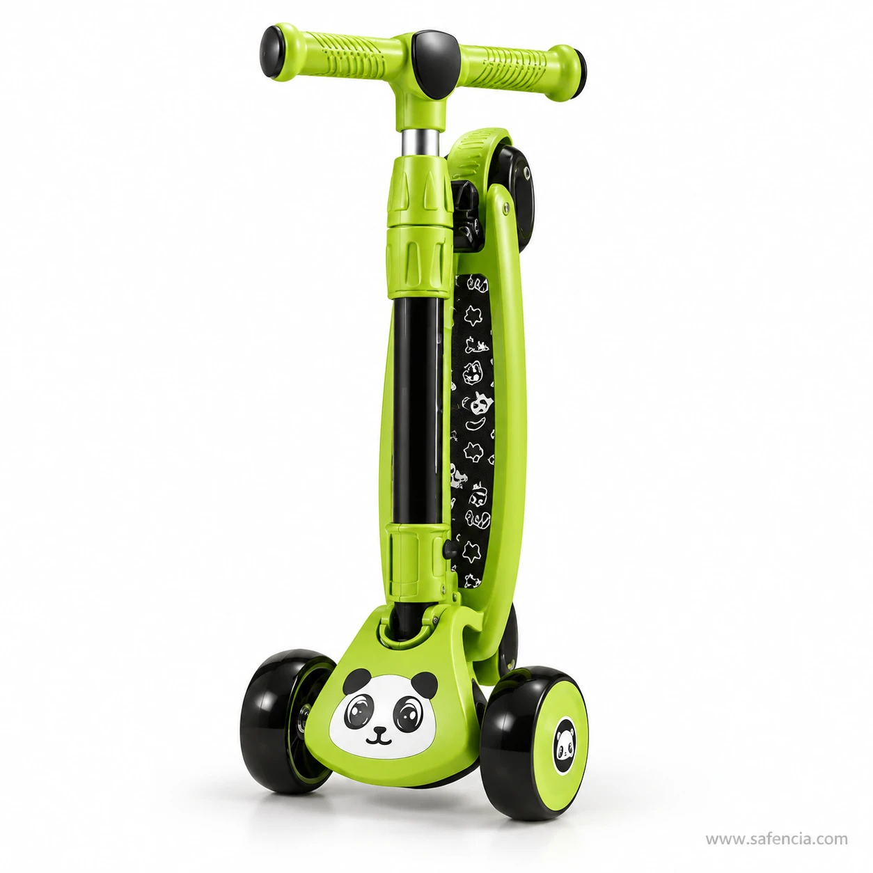 Green panda kids scooty folded and standing upright on its wheels with the stem against the deck