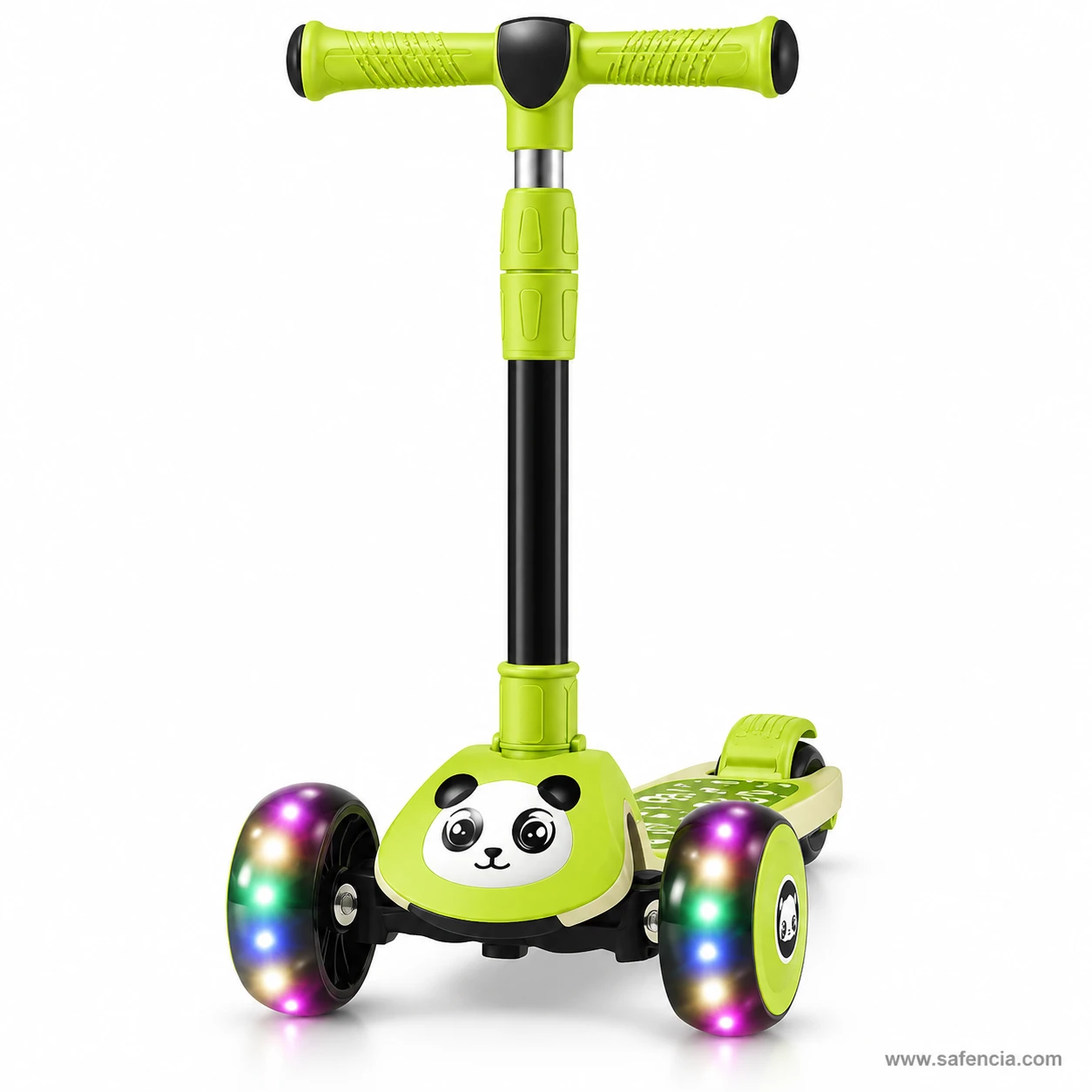 Front view of the green panda kids scooty showing the panda face between two lit front wheels