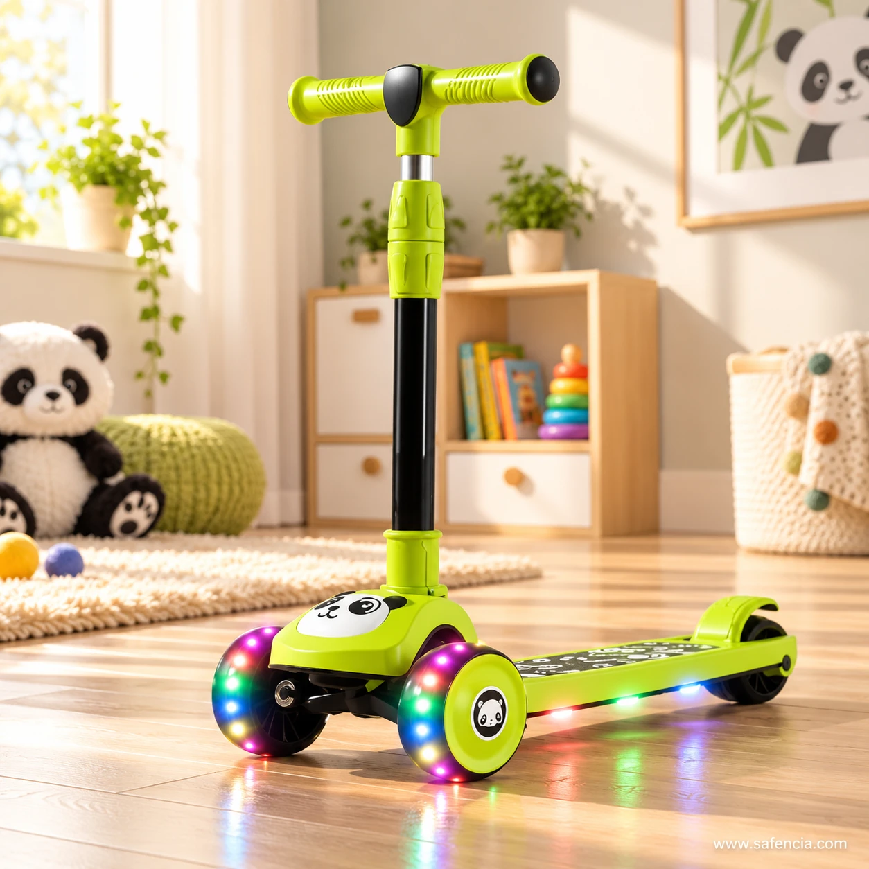 Green panda kids scooty standing on a rug in a playroom with a toy panda and bookshelves