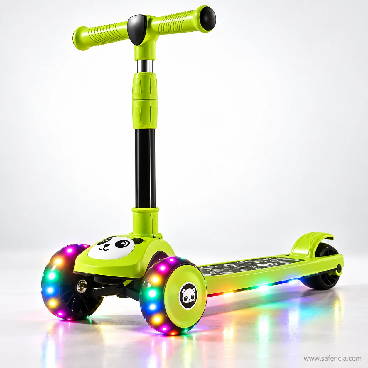 Lime-green panda kids scooty on a grey studio floor with its wheels and deck lights glowing