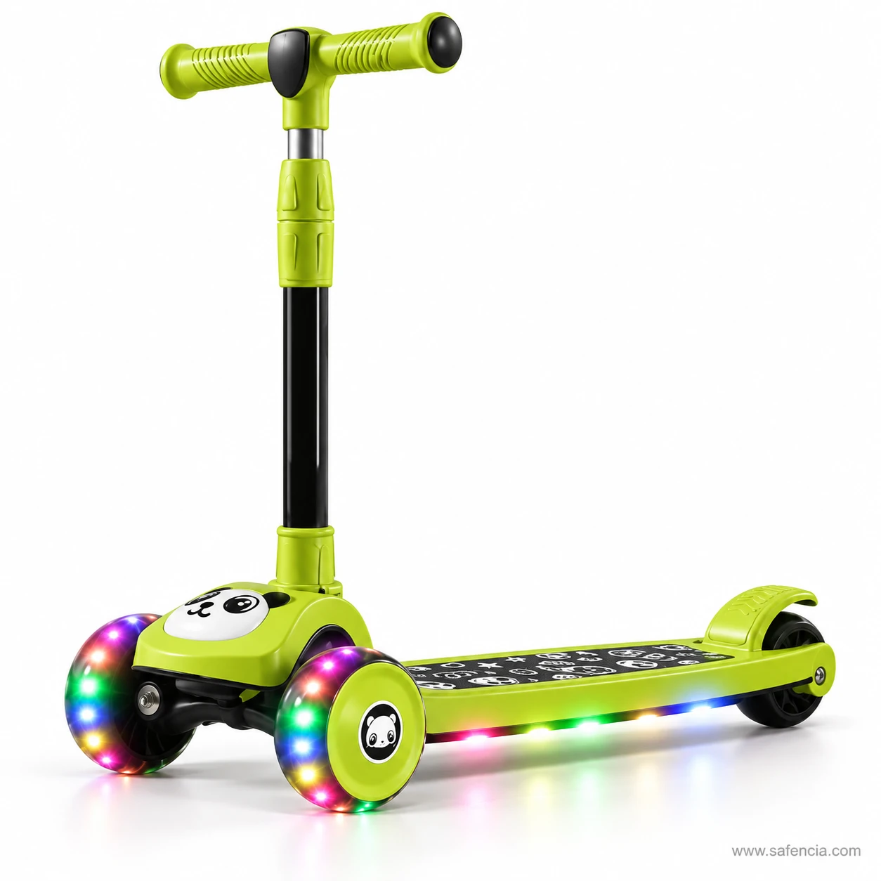 Side view of the lime-green panda kids scooty with lit front wheels and a black printed deck