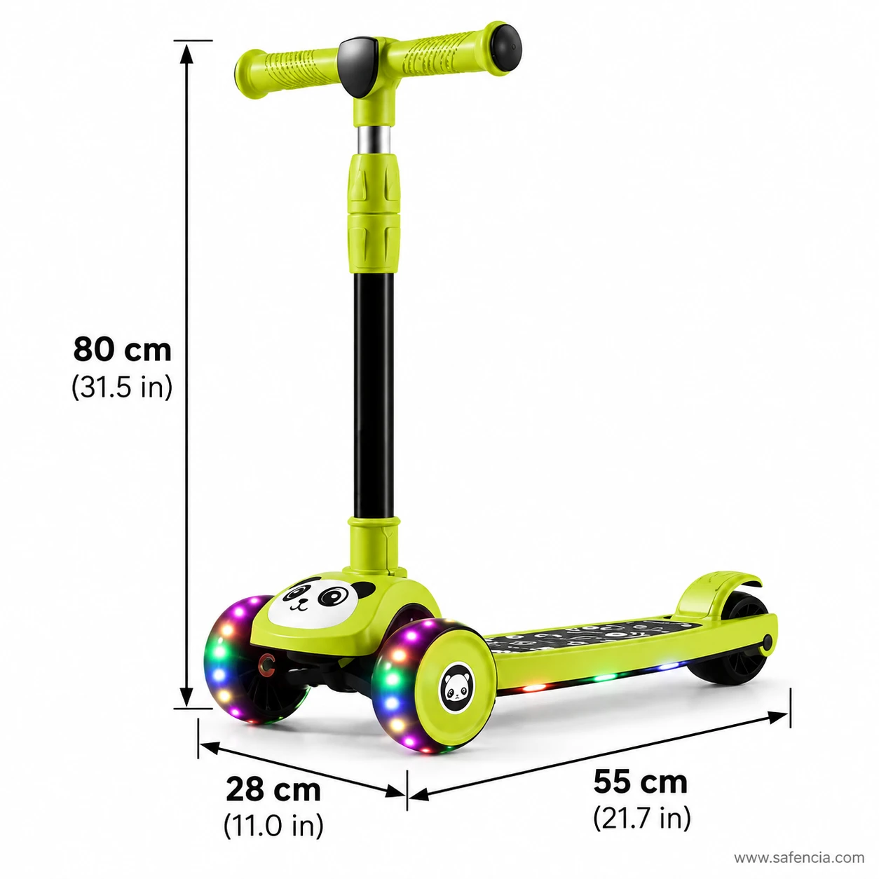 Size chart of the panda kids scooty showing 80 cm height, 28 cm width and 55 cm length