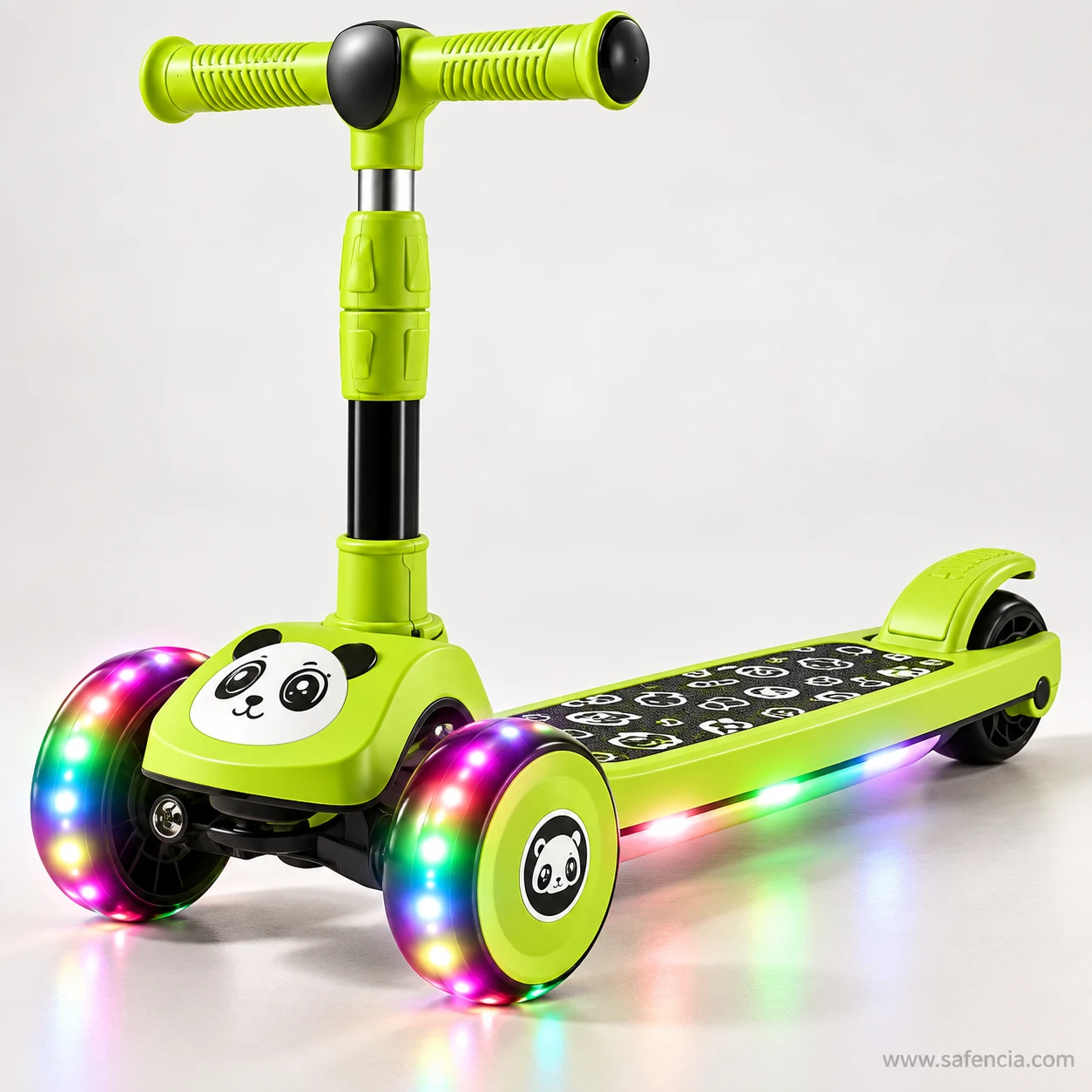 Close angle of the panda kids scooty showing the glowing wheel rings and lit printed deck