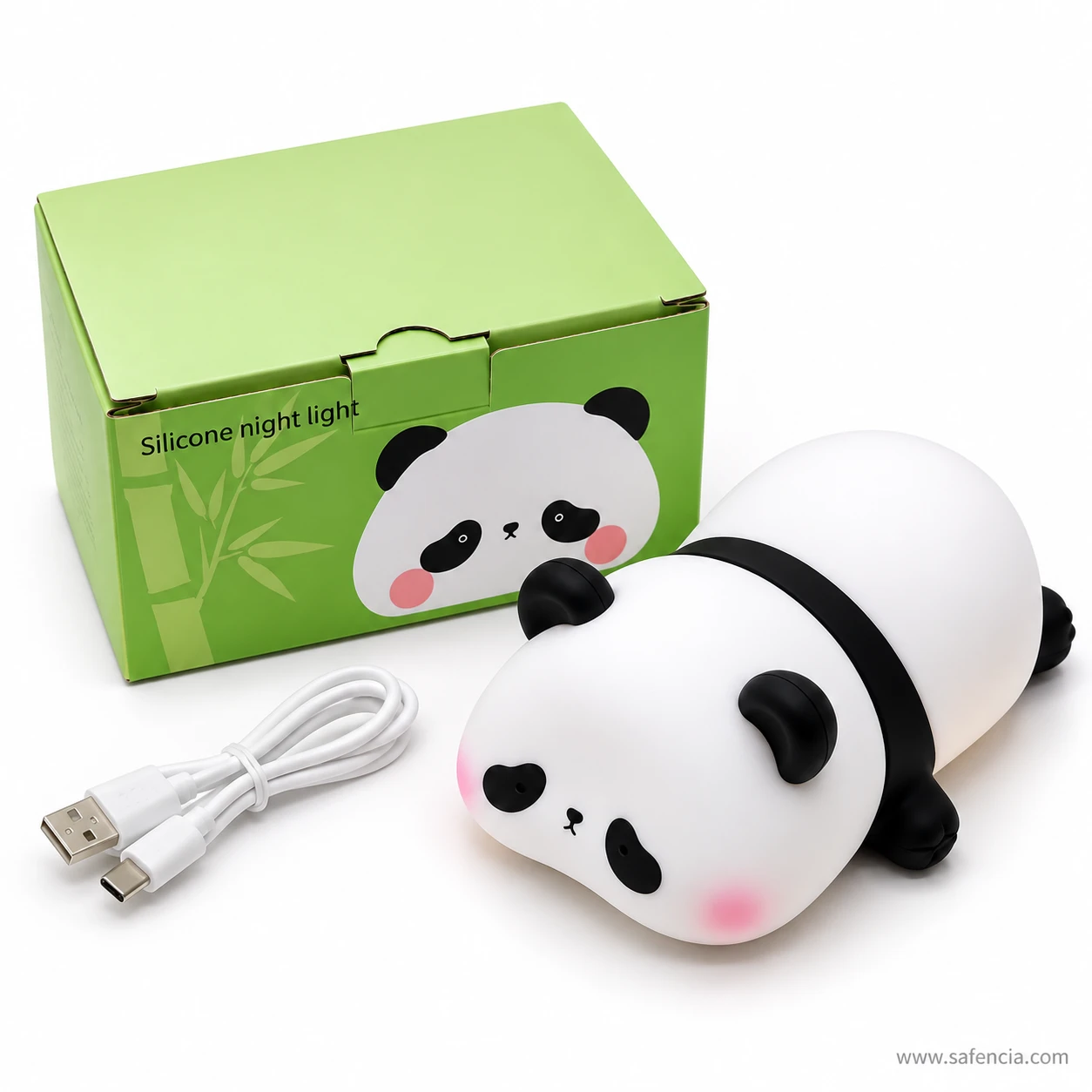 Panda silicone night lamp beside its green gift box and a white USB-C cable