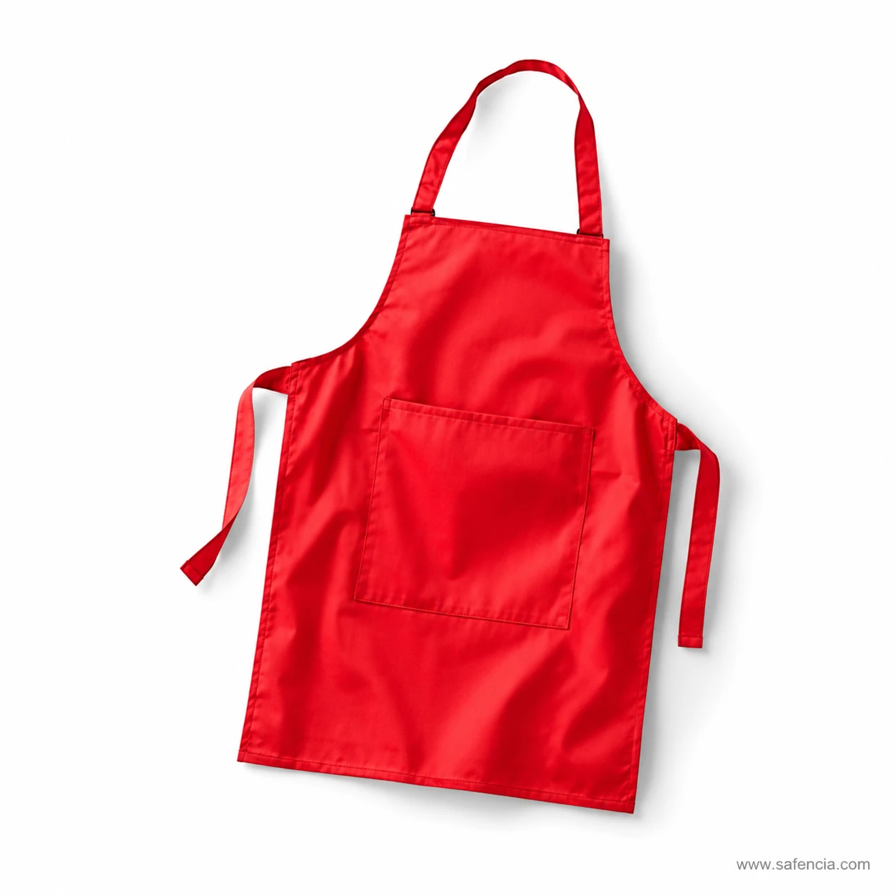 Red child's apron showing the stitched front pocket and long waist tapes