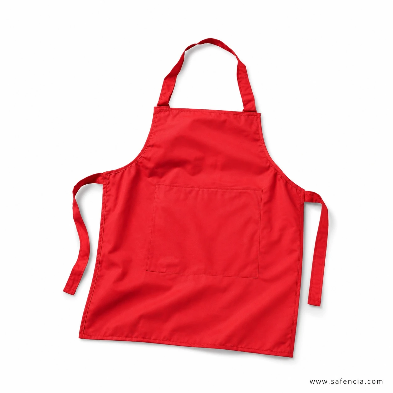 Red child's apron at an angle showing the smooth lustrous parachute fabric
