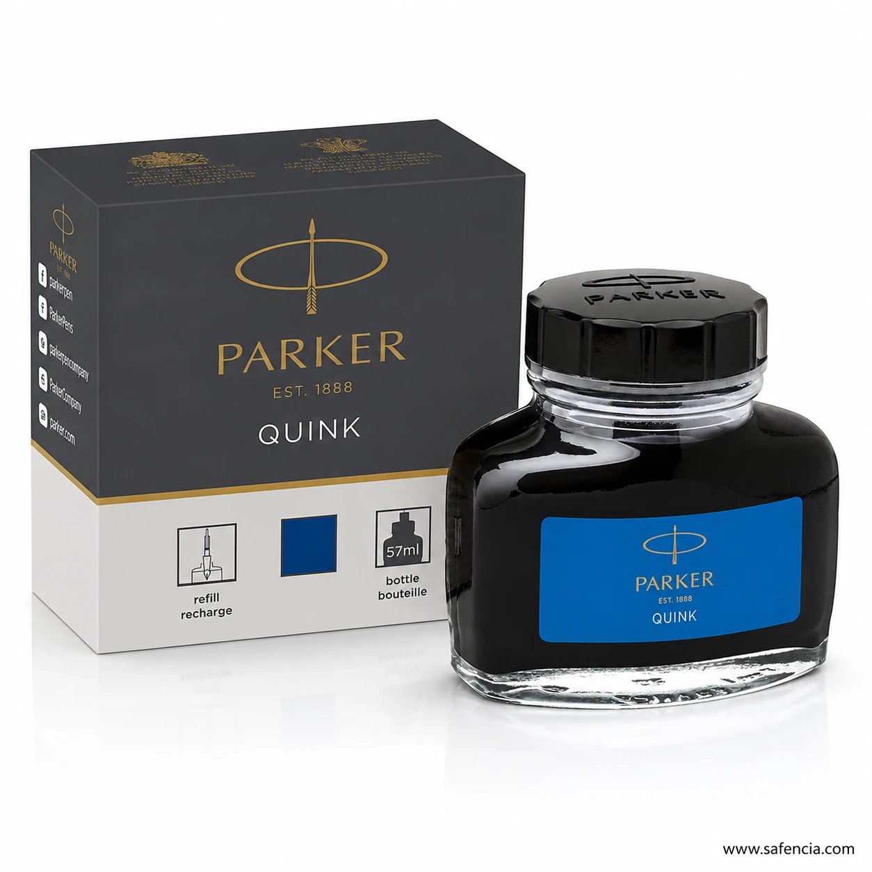 Parker Quink 57ml blue fountain pen ink bottle standing beside its carton with a blue colour square
