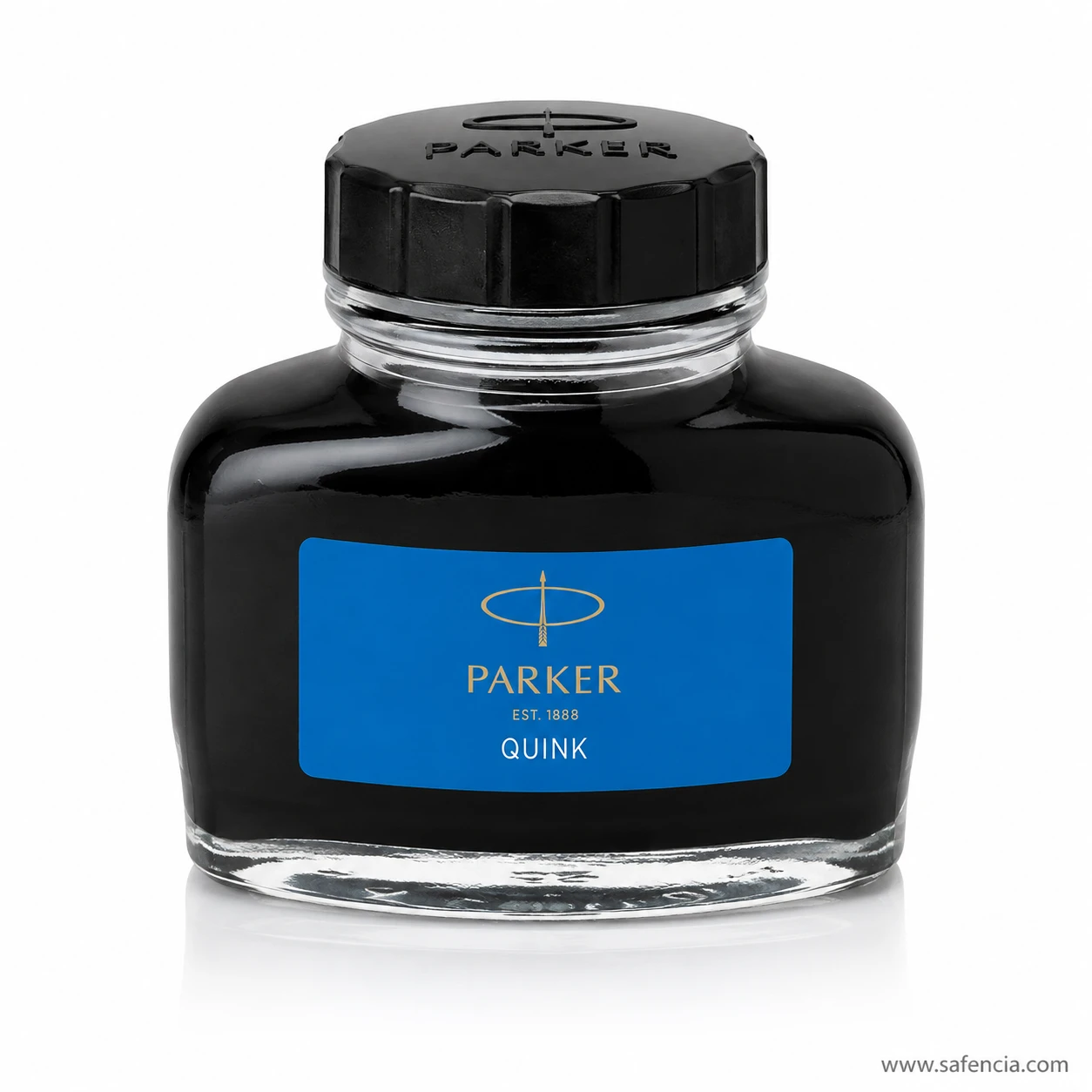 Parker Quink 57ml bottle with the blue label and fluted black cap embossed with the Parker arrow