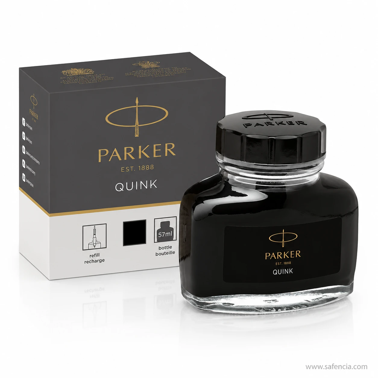 Parker Quink carton and 57ml bottle showing the refill, colour and bottle icons along the carton base