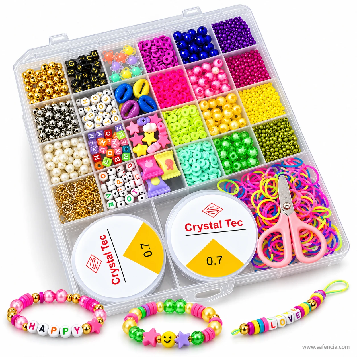 Pearl beads kit box with three finished bracelets: a pink pearl HAPPY bracelet, a smiley bracelet and a LOVE bracelet