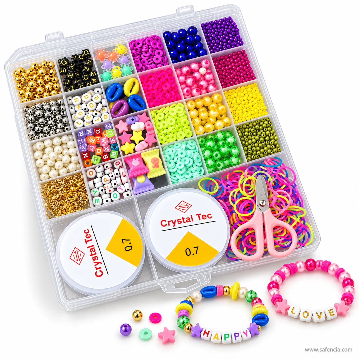 Pearl beads kit with two finished stretch bracelets in front, one spelling HAPPY and one spelling LOVE