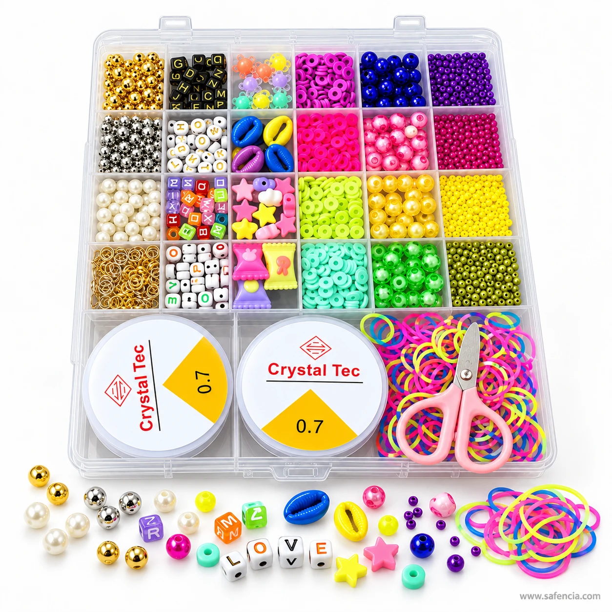 Pearl beads kit with loose pearls, gold beads, star charms, shells and letter cubes spelling LOVE in front