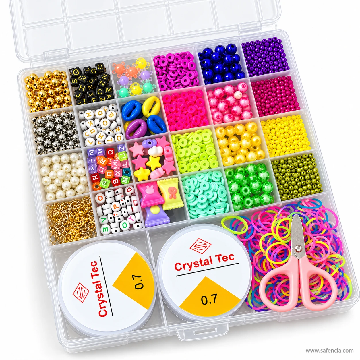 Pearl beads kit with the clear lid lifted open, showing 24 bead trays, two elastic cord spools and pink scissors