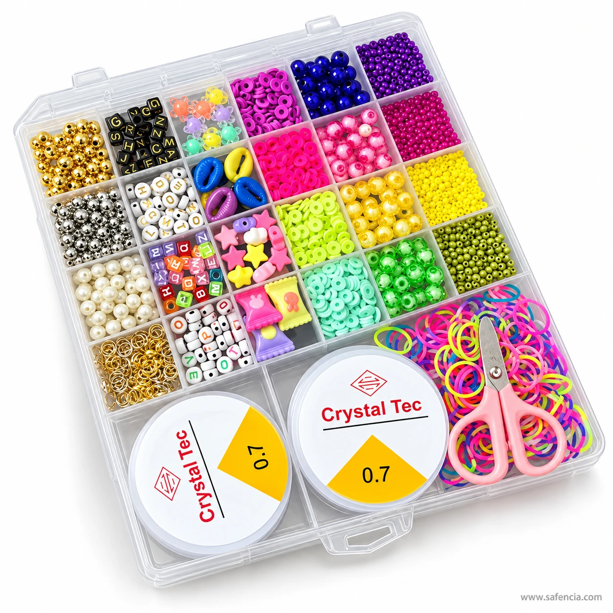 Angled view of the pearl beads kit organiser showing gold and silver beads, letter cubes and a tray of loom bands