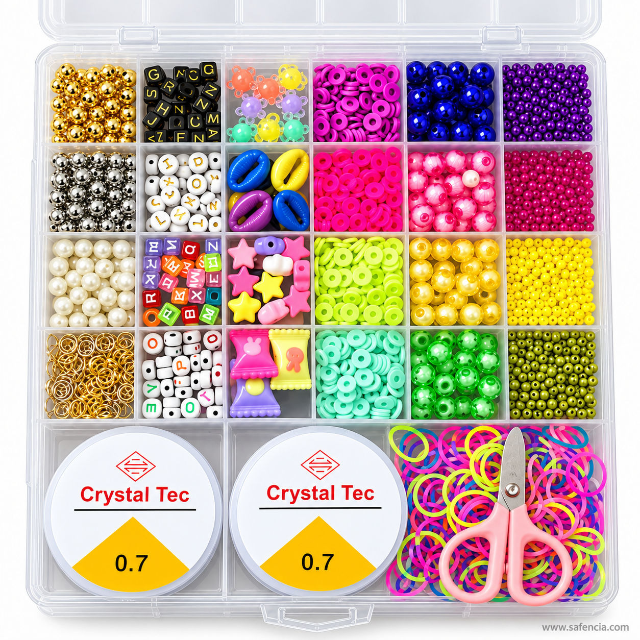 Pearl beads kit close to the bottom row with two Crystal Tec 0.7 elastic cord spools, loom bands and scissors