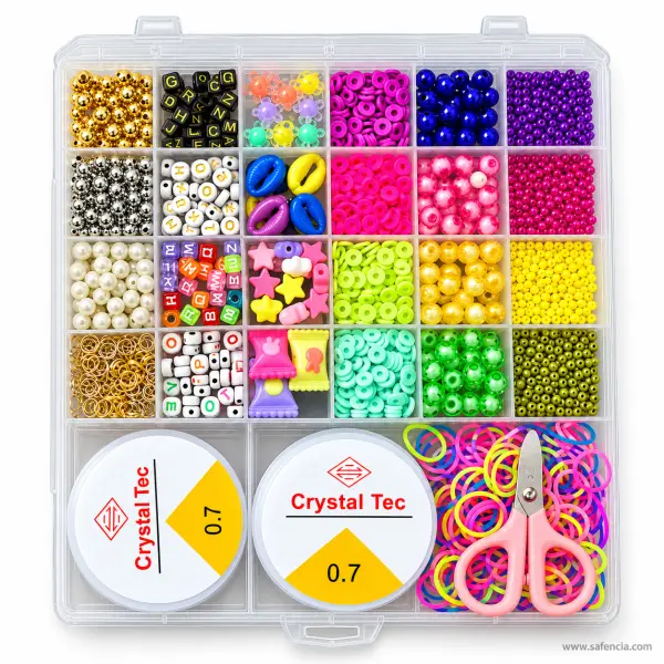 Pearl Beads Jewellery Making Kit with Loom Bands, 24-Grid Box with Letter Beads, Charms and 2 Cords
