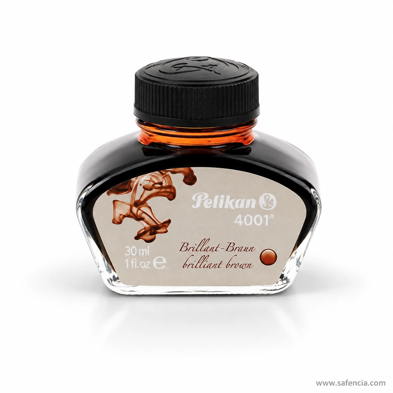 Pelikan 4001 brilliant brown fountain pen ink 30ml bottle showing the warm brown ink at the neck