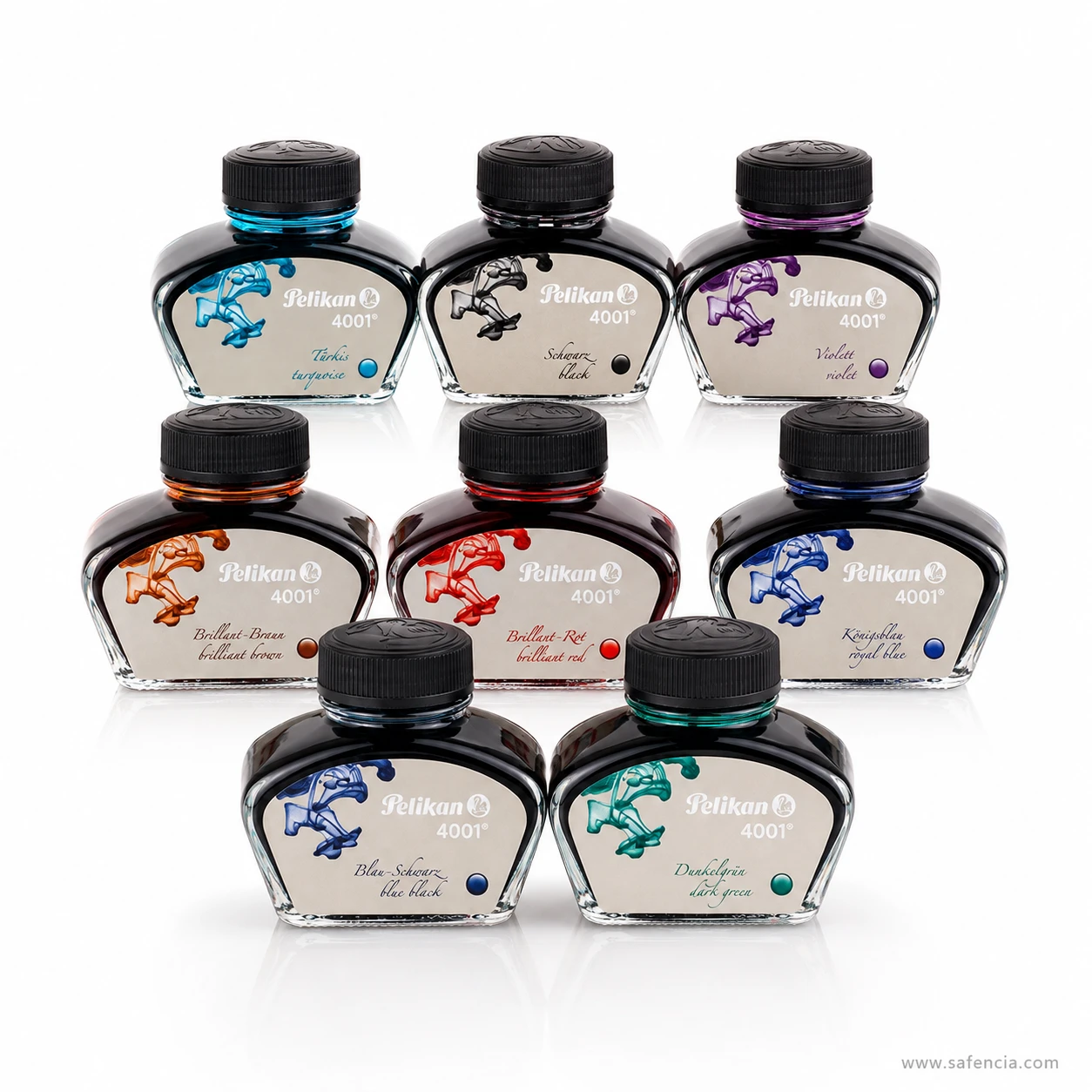 Eight Pelikan 4001 ink bottles grouped together showing the wider colour range