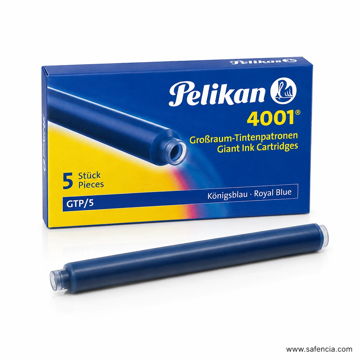 Pelikan 4001 GTP/5 cartridge box angled beside a single royal blue giant ink cartridge