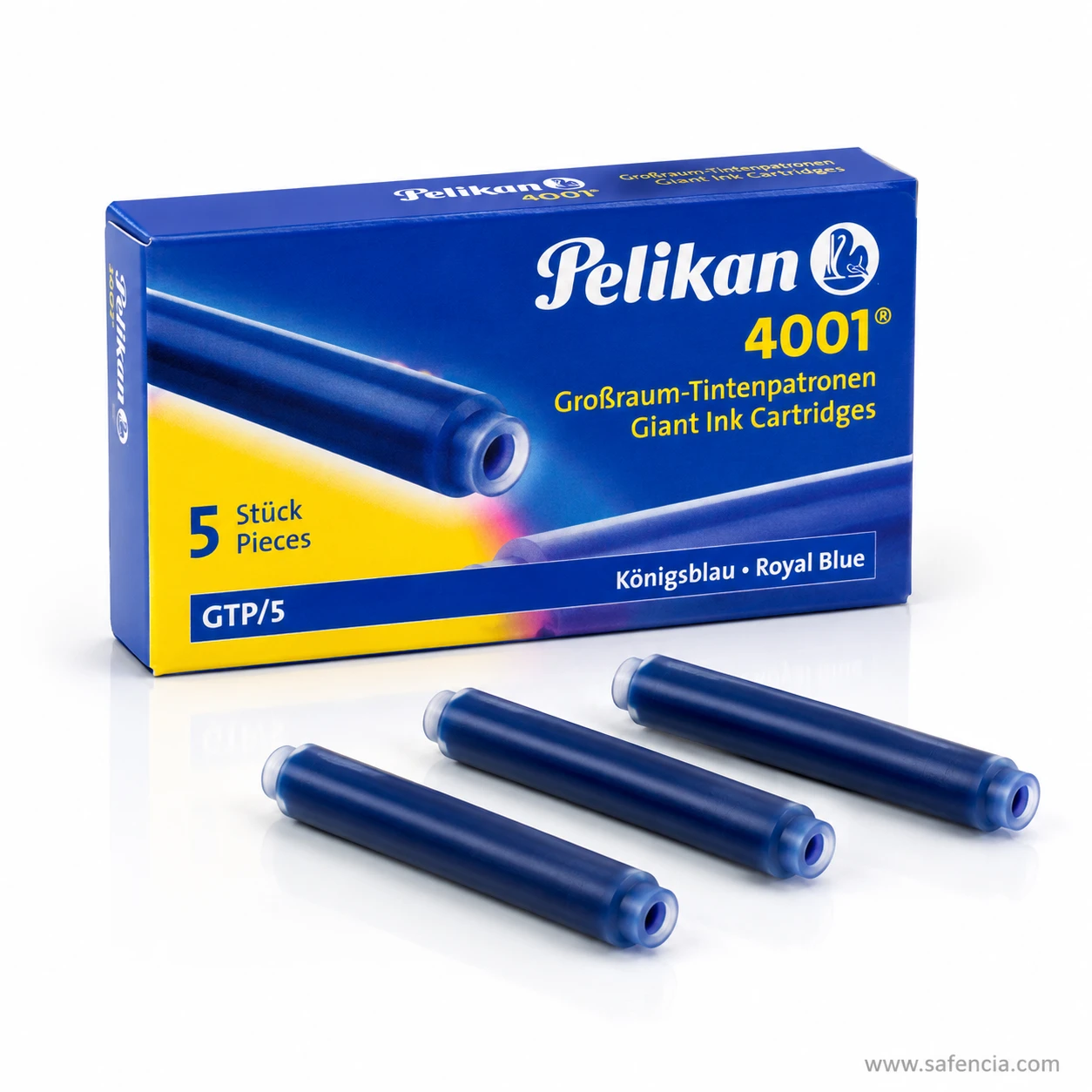 Three loose Pelikan 4001 royal blue giant ink cartridges laid in front of the GTP/5 box