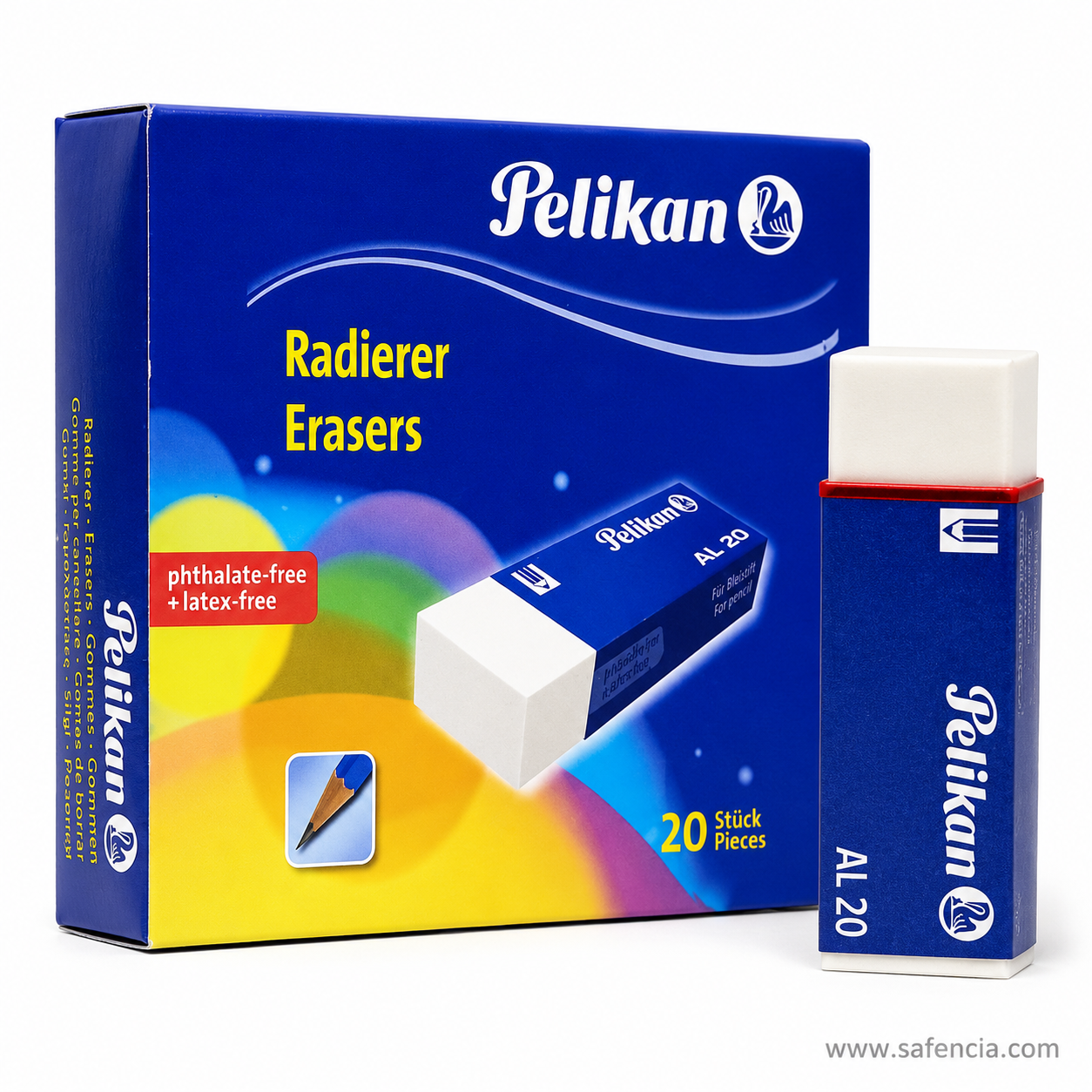 Pelikan 20-piece Radierer Erasers display box printed phthalate-free and latex-free, with a single sleeved AL 20 eraser standing beside it