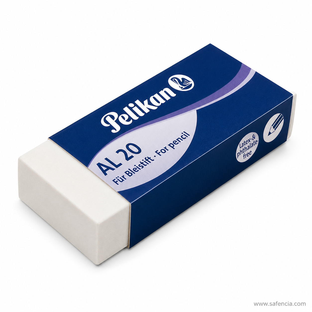 Pelikan AL 20 eraser in its blue sleeve photographed at an angle against white, with the latex- and phthalate-free badge and the pencil icon visible