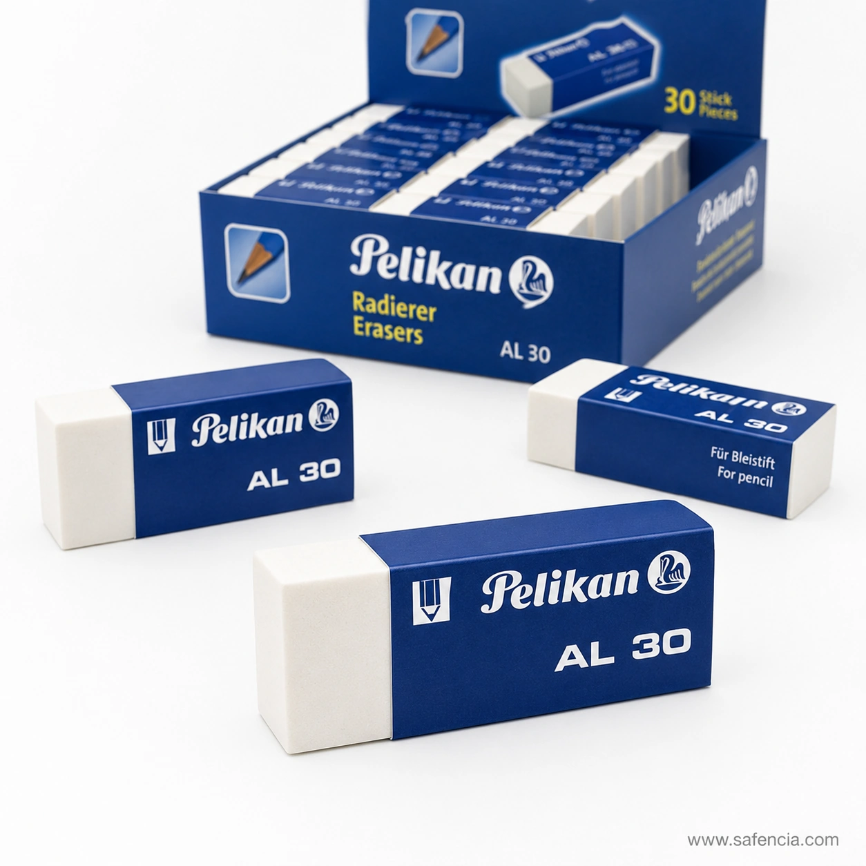 Three loose Pelikan AL 30 erasers in blue sleeves standing in front of the open 30-piece display box