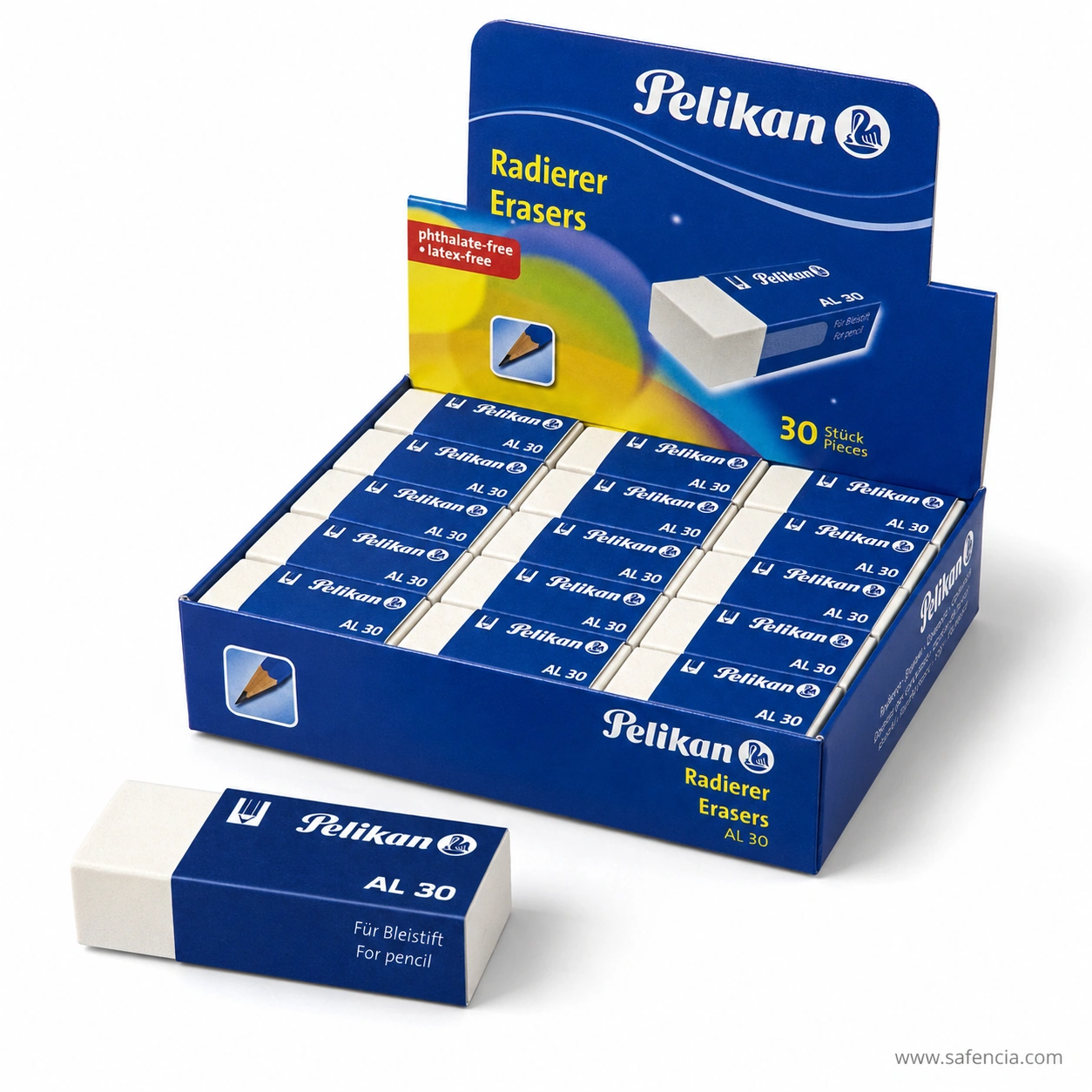Open Pelikan 30-piece AL 30 display box printed phthalate-free and latex-free, filled with sleeved erasers, with one loose AL 30 in front