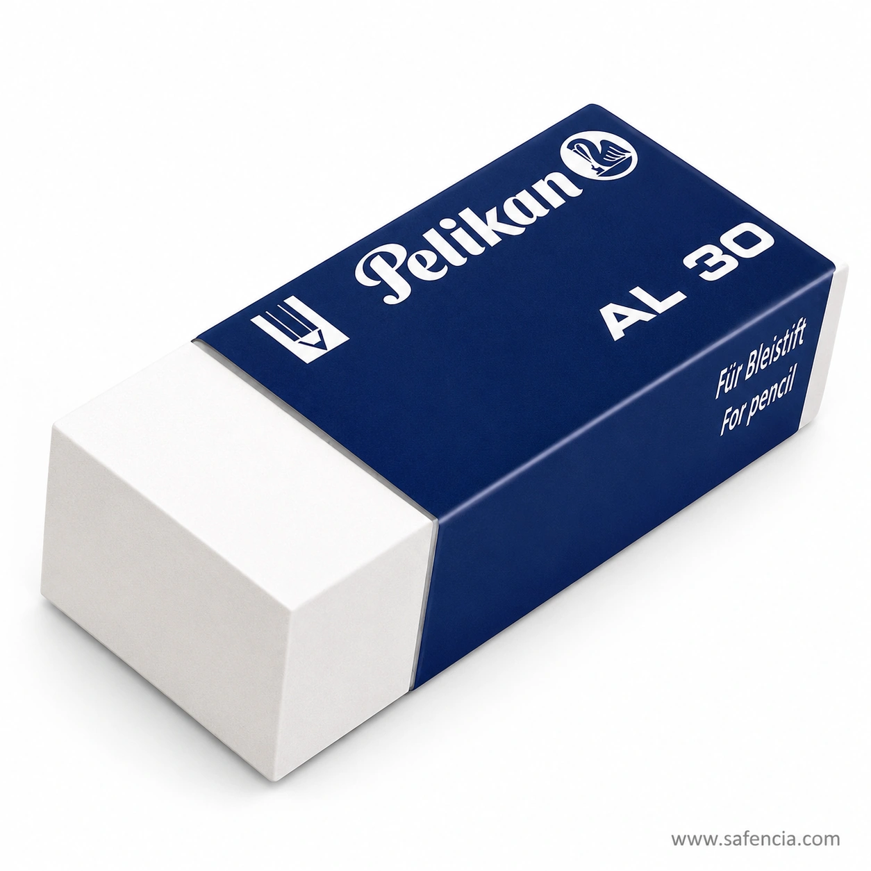 Pelikan AL 30 eraser photographed at an angle against white, showing the plain dark blue sleeve, the pelican logo, the pencil icon and the AL 30 model name