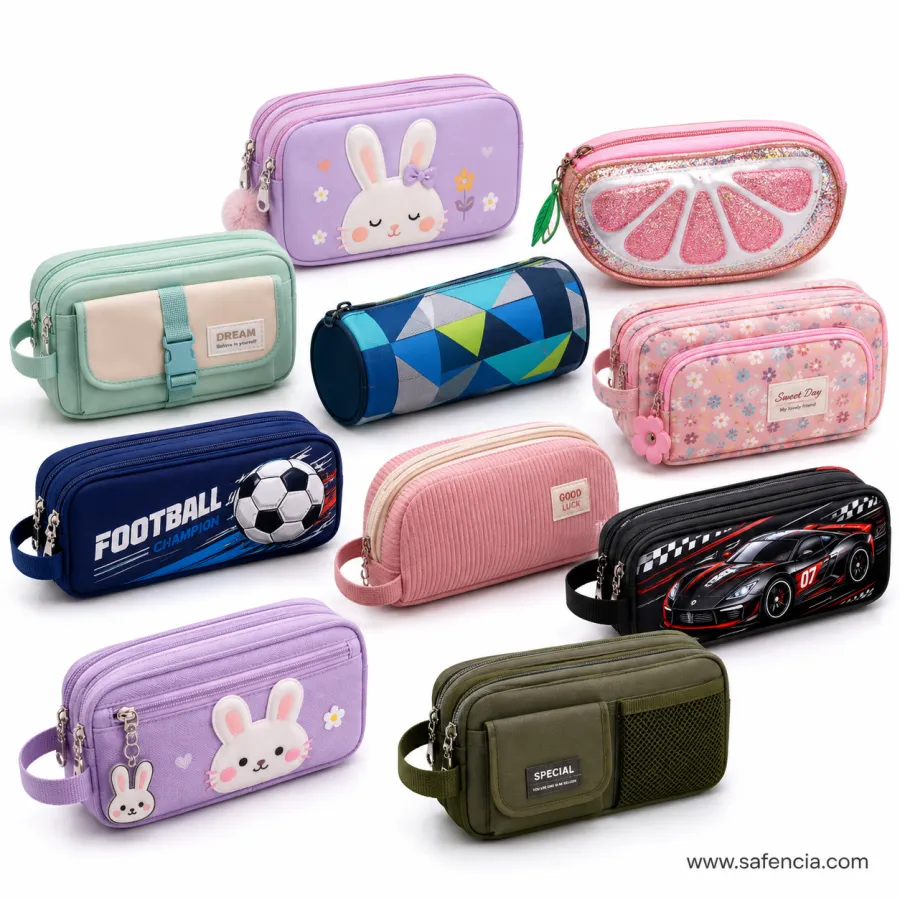 Safencia pencil pouch range in Pakistan — moulded EVA hard cases, a 3D race car case, round barrel cases, two-compartment padded cases, camouflage utility pouches and quilted rabbit-ear pouches