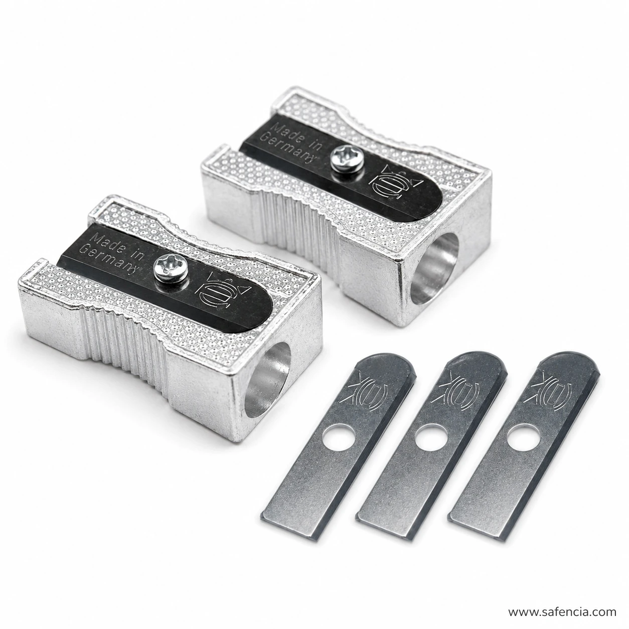 Aluminum pencil sharpener close view with black blade central screw and textured silver body