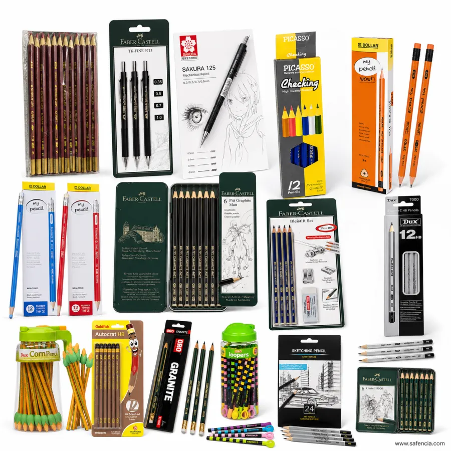 Safencia lead pencil range in Pakistan — Staedtler Norica HB packs, Dollar My Pencil, Oro Granite and Splash HB pencils, Dux Corn and Triwriter pencil jars, Picasso checking pencils, Faber-Castell Goldfaber sets and Sakura and Faber-Castell mechanical pencils