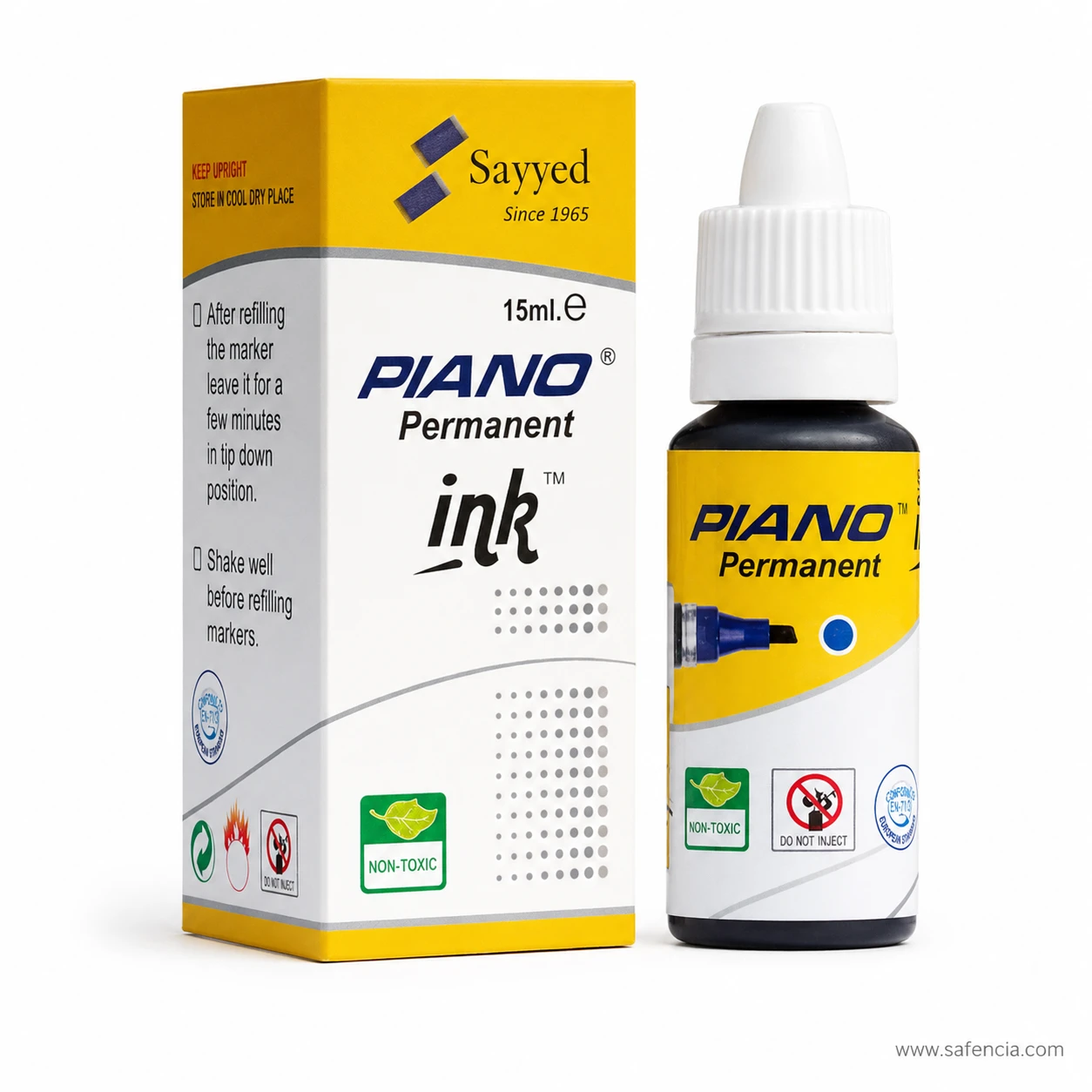 Piano permanent marker ink bottle with a blue colour dot and a white tapered dropper nozzle cap