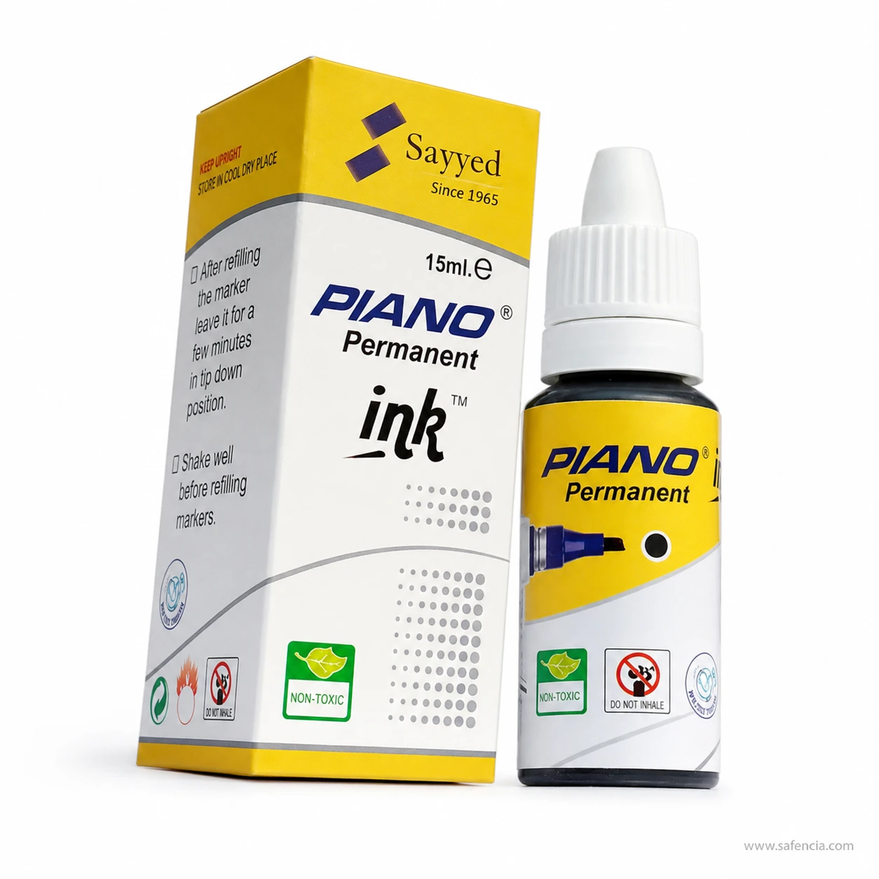 Piano permanent marker ink 15ml bottle standing beside its carton with the 15ml marking visible
